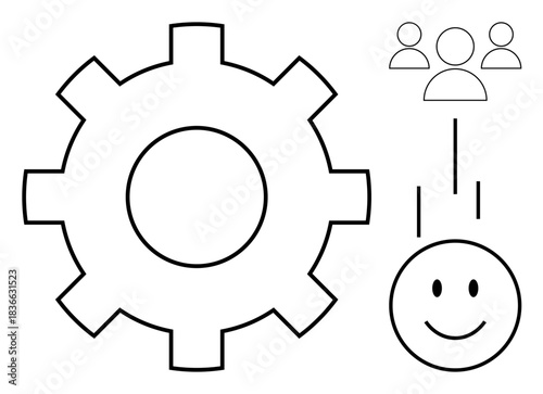 Workflow diagram. Workflow process with a gear, user group icons, and a happy face indicating effective teamwork. Workflow in business, teamwork, productivity, HR communication, and operations