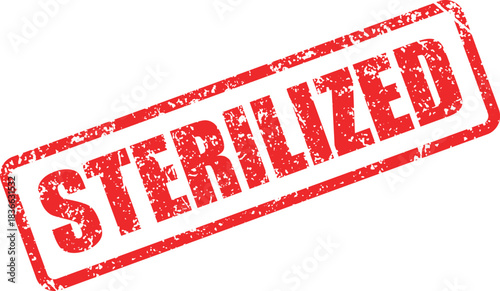 Red stylized rectangular sterilized stamp impression slightly rotated on a white transparent background shows sterility