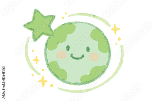 Galactic Joyful Orbit. A green star orbiting a joyful globe with tiny connecting sparkles, soft abstract doodle style, No text, No