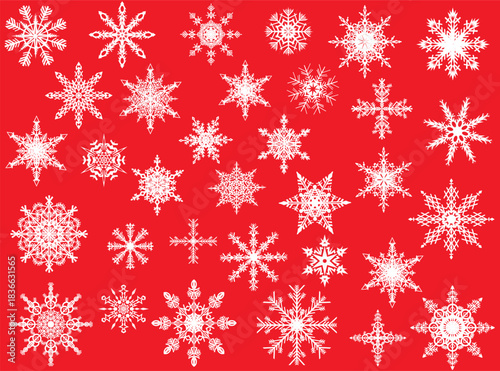white snowflakes collection isolated on red background