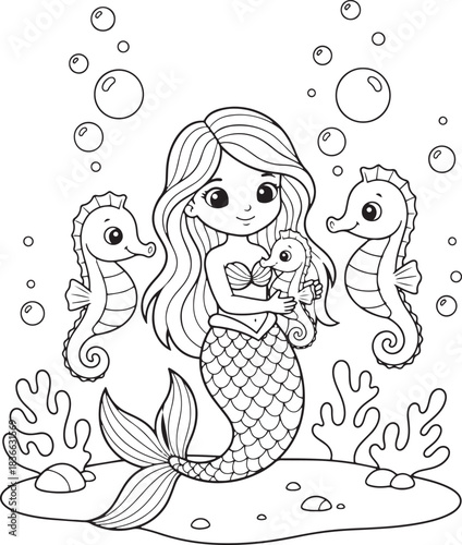 Mermaid and Seahorse Family Coloring Page for Kids