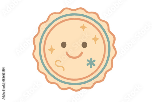 Smiling Vintage Stamp. A friendly "vintage authenticity" stamp with a smiling expression, tiny magical doodle accents, pastel cozy