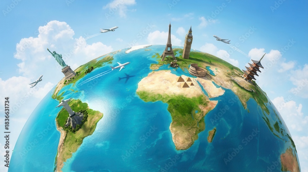 Fototapeta premium Global travel concept with famous landmarks and airplanes flying around the world