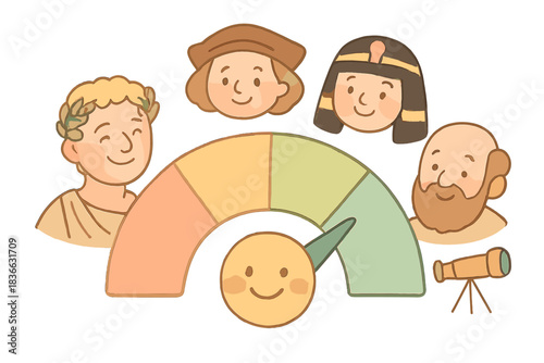 Joyful Confidence Meter. A joyful confidence meter with tiny happy historical icons, soft harmonious pastel palette, No text, No