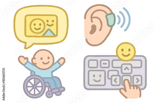 Miniature Accessibility Icons. A miniature accessibility toolkit with cheerful alt text, captions, and keyboard navigation icons,