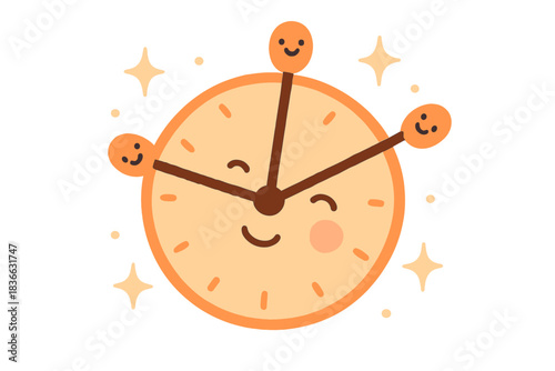 Whimsical Multihand Clock. A playful "synchronized" clock with multiple happy hands, tiny sparkles around, gentle friendly colors,