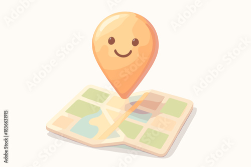 Waypoint Over Map. A happy carved waypoint hovering above a miniature navigation map, soft harmonious pastel palette, No text, No