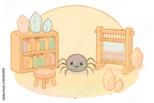 Cheerful Spider Library. A miniature silent library scene with cheerful spider, crystals, and loom, soft pastel doodle style, No