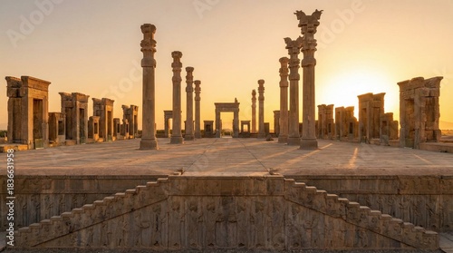 Persepolis ruins at sunset, ancient Persian architecture in Iran