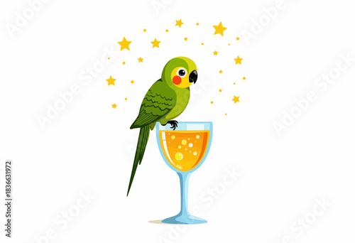 Vibrant Green Parrot Perched on Tall Glass Filled with Sparkling Beverage Amongst Twinkling Starry Background in Whimsical Cartoon Illustration