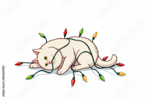 Illustration of a Playful White Cat Entangled in Colorful Holiday Lights on a Plain Background