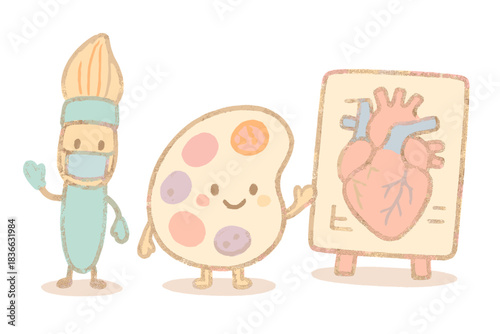 Cheerful Medical Illustration. A miniature medical illustration scene with cheerful surgical brush, pathology palette, and diagram