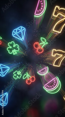Neon casino symbols radiating from the center on a dark background