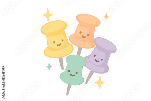 Sparkling Pins Cluster. A happy cluster of pins with tiny sparkles representing ideas, soft harmonious pastel palette, No text, No