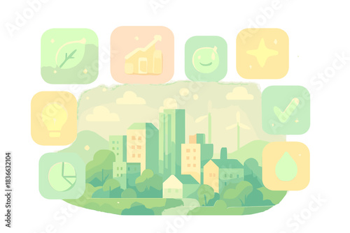 Vibrant Green Dashboard. A happy green city dashboard glowing with tiny sparkling progress icons, soft harmonious pastel palette,