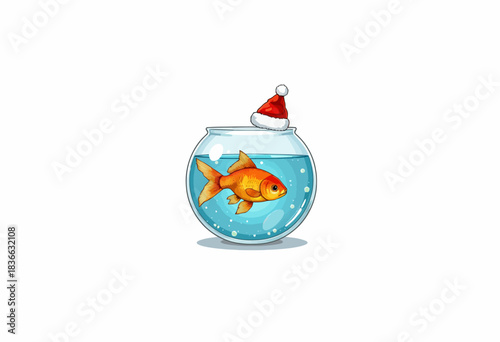 Festive goldfish inside a small, round fishbowl adorned with a Santa hat, capturing a whimsical holiday scene against a clean, minimalistic white background