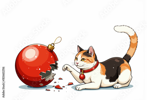 Curious Cat Engages Playfully with a Shattered Red Christmas Ornament on a White Background