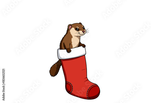 Illustration of a cute otter peeking out from inside a large red Christmas stocking on a white background