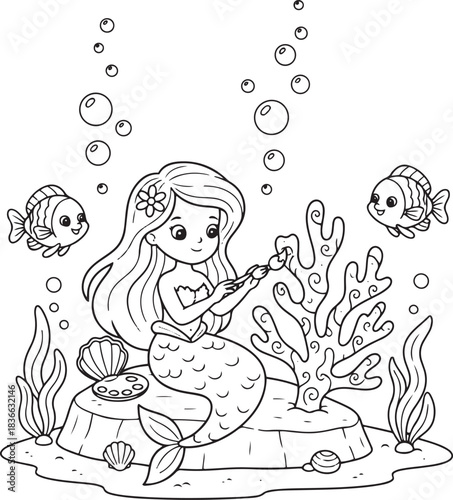 Mermaid Painting Coral with Brush