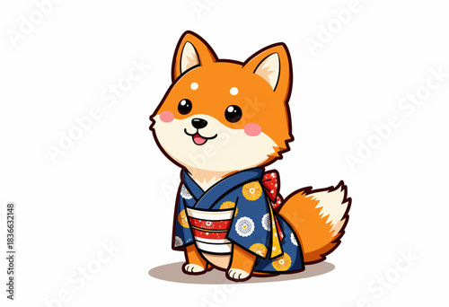 Adorable Cartoon Fox in Traditional Kimono with a Cute Smile and Blushing Cheeks Against a Bright White Background
