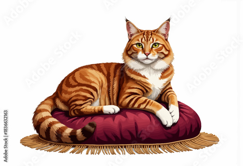 Majestic Orange Tabby Cat Relaxing on a Plush Red Cushion with Tassels, Capturing the Graceful Elegance and Serenity of Feline Comfort