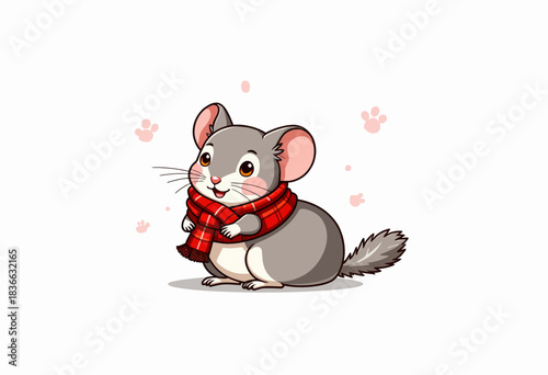 Charming Cartoon Chinchilla Adorned with a Red Plaid Scarf Surrounded by Playful Paw Prints on a Minimalist White Background