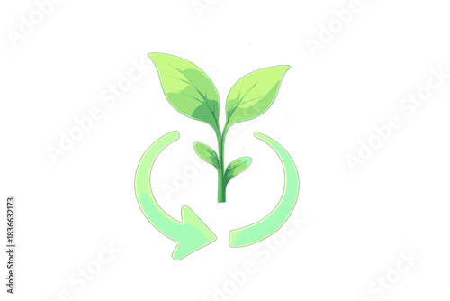 Renewal in Green. a small green sprout emerging from a circular refresh arrow, glowing with new energy, mint and lime palette, No