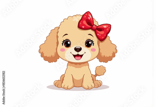 Adorable Cartoon Puppy with Fluffy Fur and Red Bow Sits Happily Highlighting Cuteness and Playfulness in a Simple Illustration Design