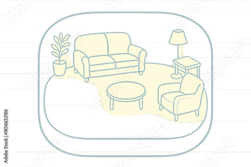 Quiet Room Blueprint. a cozy blueprint sheet showing a “quiet room” with soft rounded walls and calm furniture outlines, pale blue