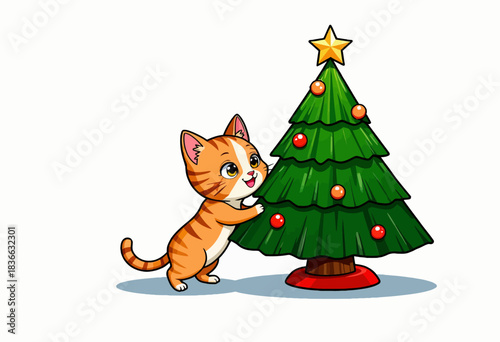 Adorable Cat Playfully Interacting with Decorated Christmas Tree Featuring Star Topper and Colorful Ornaments in Festive Holiday Setting