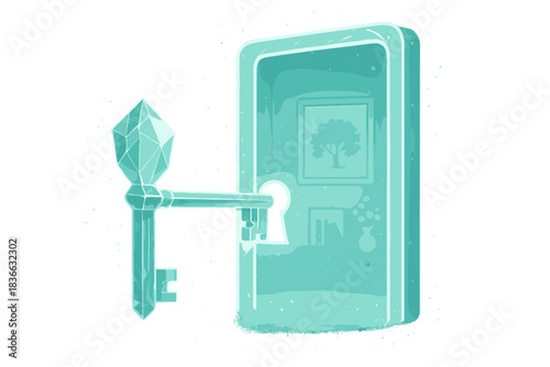 Crystalline Key Unlocks Memory. a crystalline key unlocking a glowing door to a preserved memory room, turquoise and white palette