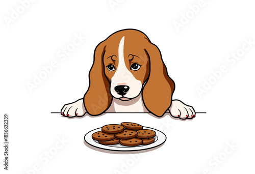 Adorable Dog Eagerly Eyeing a Plate of Delicious Cookies With Anticipation and Curiosity Captured in a Charming Illustration