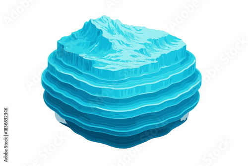 Glacial Layer Glow. a glowing map of glacier layers stacked like rings showing age gradients, sky blue and pearl tones, No text,