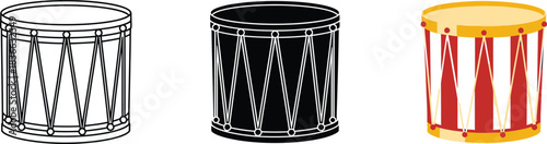 Three distinct drum illustrations: a clean outline, a solid black silhouette, and a colorful marching drum with red and white stripes. great for music, rhythm, celebration, and playful graphic design.