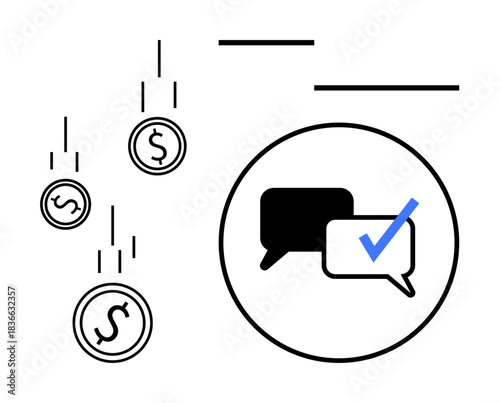 Speech bubble with check mark symbolizing secure communication, accompanied by falling dollar coins. Ideal for finance, security, payment systems, e-commerce, verification, messaging, simple flat