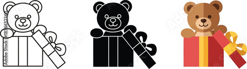 Teddy bear gift box icons set with line art, solid silhouette, and colorful flat design illustrations, perfect for presents, birthdays, and celebrations Vector