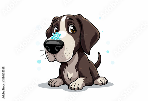 Adorable Cartoon Puppy with Snowflake on Nose and Expressive Eyes in Cute Winter-Themed Illustration