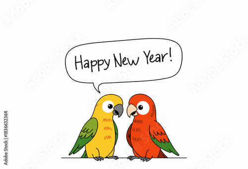 Two Colorful Parrots Greeting Each Other with a Cheerful 'Happy New Year' Message on a Simple White Background