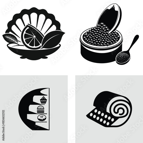 Set of food icons including lemon caviar bakery and swiss roll simple black and white vector design for menus and branding