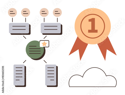 Flowchart with documents, connections, cloud, and badge with star and number 1. Ideal for workflow, achievement, productivity, success, business processes leadership simple flat metaphor