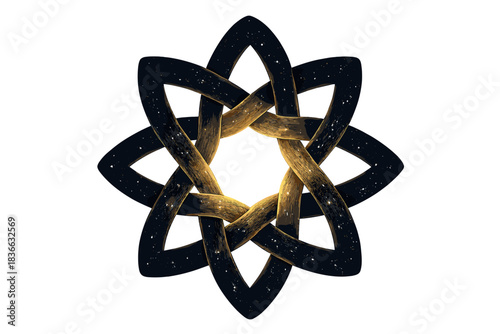 Starlight Knot Design. a circular “star-knot” completion symbol made of interwoven beams of starlight, gold and midnight tones, No