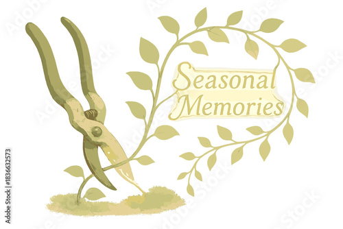 Pruning Seasonal Memories. a set of delicate pruning tools trimming vines of “seasonal memories” glowing softly, moss and ivory