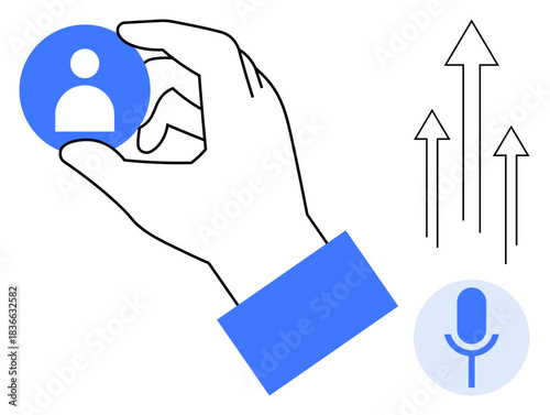 User experience, digital identity, AI growth, voice technology, innovation, technology management. Hand holding profile icon, microphone symbol and rising arrows. Digital identity and user