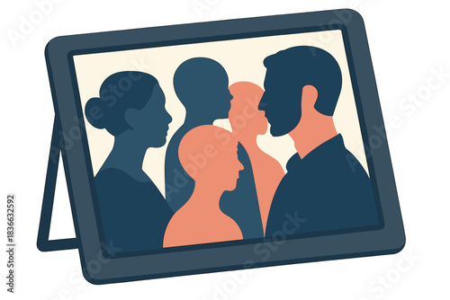 Silhouette Light Play. a digital drafting board showing overlapping silhouettes in varied light positions, navy and coral palette,