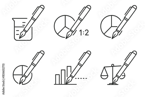 Scientific Pen Icons. Icons for: a scientific pen measuring solution parts, a laboratory stylus marking chemical ratios, an