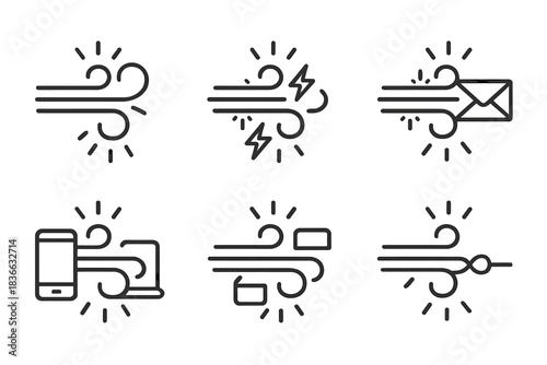 Radiant Signal Icons. Icons for: a radiant wind carrying signals, a glowing breeze transmitting energy, a luminous current