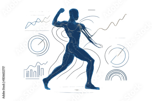 Dynamic Motion Metrics. a holographic display showing live performance metrics blending with body motion graphics, indigo and pale