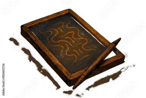 Ancient Writing Glow. a stylus and wax tablet glowing faintly as forgotten rhythms reappear under light, amber and navy palette,