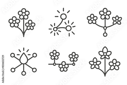 Floral Luminescence Icons. Icons for: floral nectar hubs pulsing light, sweet nodes glowing in darkness, pollen junctions emitting