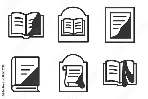 Mysterious Book Frescoes. Icons for: a mysterious volume fresco with shadows, an enigmatic book wall painting, a hidden-text